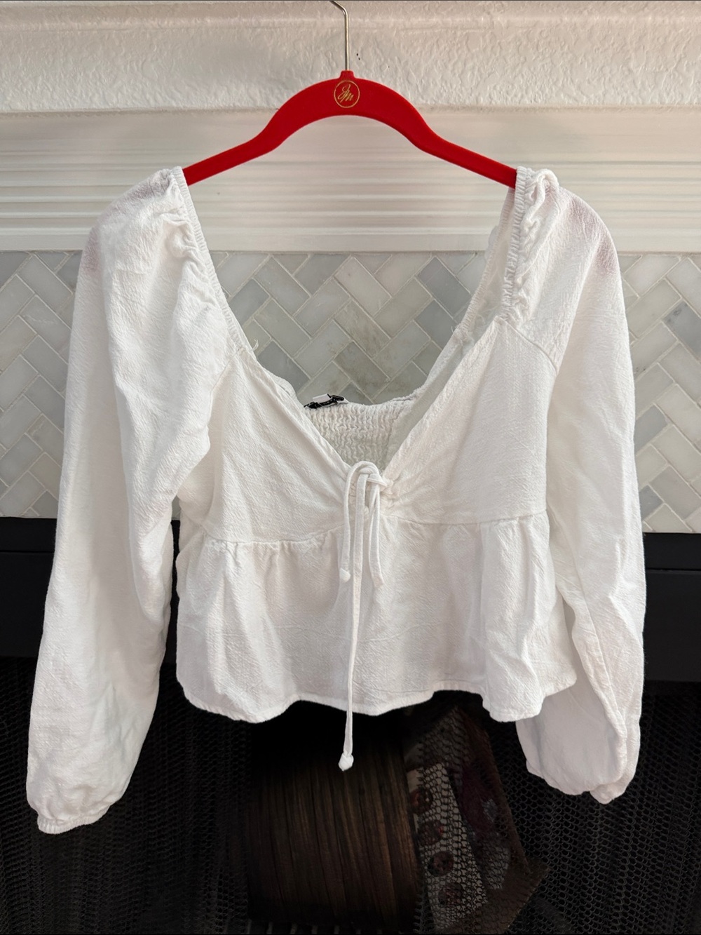 La Hearts White Tie-Front Peasant Blouse